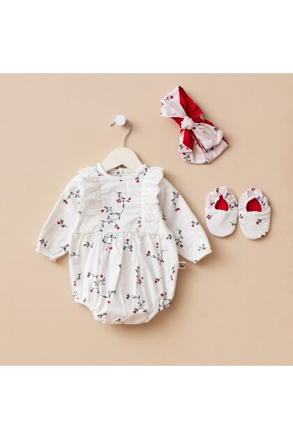 Baby Girl Cotton Summer Romper Newborn Floral and Heart Patterned Jumpsuit with Headband and Booties Set