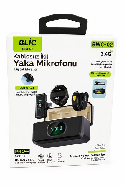 BWC-02 Kablosuz İkili Yaka Mikrofonu Dijital Ekranlı Şarj Kutulu Type-C Android & APP Uyumlu