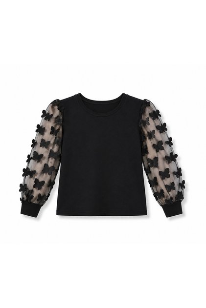 Girl's Black Butterfly Detailed Long Sleeve Badi – Tulle Sleeves 3-14 Years
