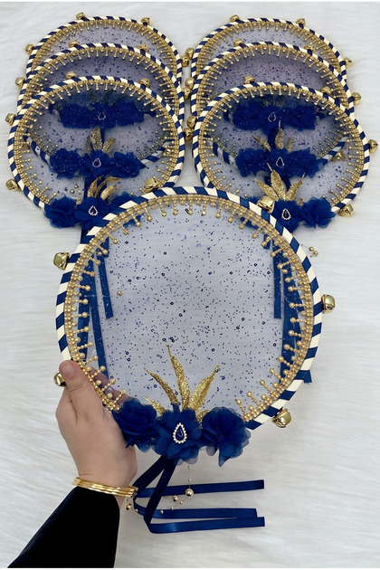 Navy Blue Bridal Bridesmaid Tambourine, Shiny Stone, Flower and Sparkling Sequin Decorated, Wedding Henna Night Bride Circumcision Party Event 1 Piece