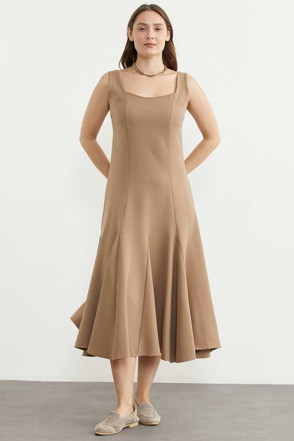 Thick Strap Midi Combed Cotton Dress - Mink