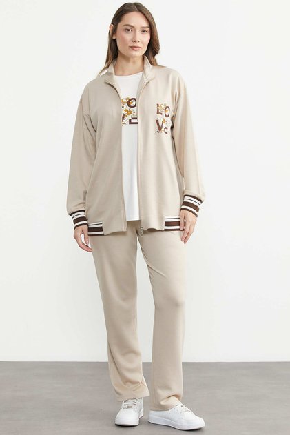 Scuba High Collar Zippered Tracksuit Set - Beige