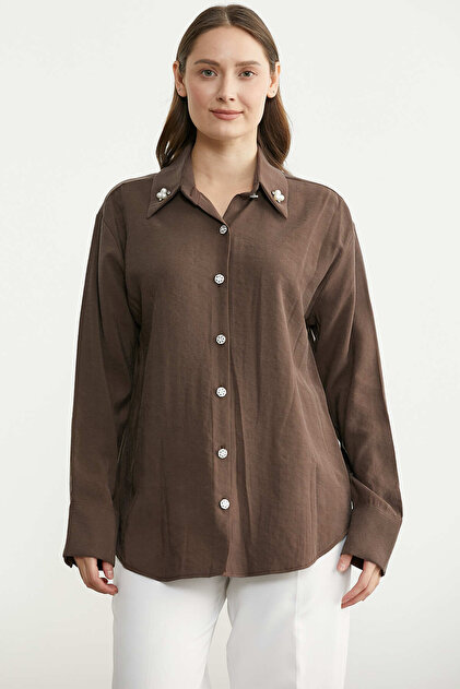 Tencel Pearl Detailed Comfortable Fit Shirt - Brown