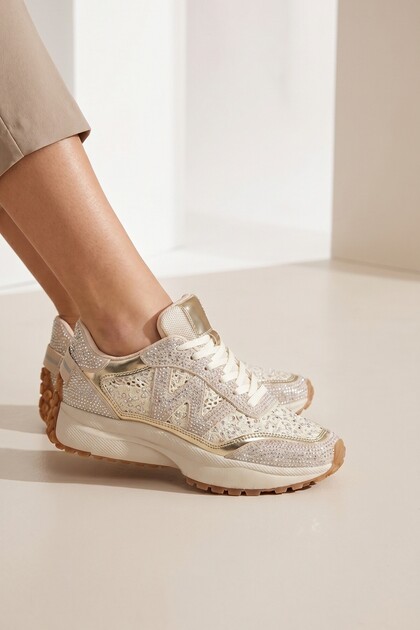 Gold Color Stone Detailed Comfortable Sneaker Casual Sports Shoes Todow