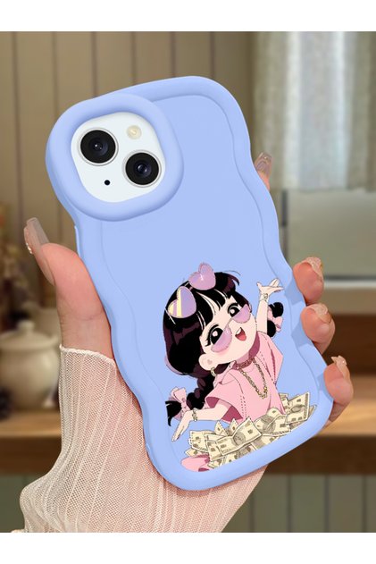 iPhone 13 Compatible Shockproof Simple Blue Silicone Phone Case Cute Girl Pattern