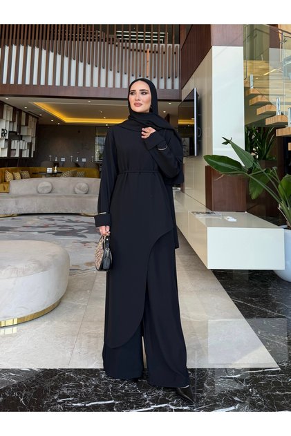 Asimetrik kesim tunik & pantolon takım siyah