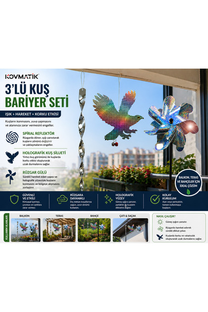 Kuşları Uzak Tutma Premium 1 Rüzgar Gülü + 2 Spiral + 1 Kartal Silüeti (Sesli ve Görsel Etkili)