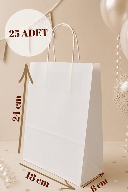25'li 18X8X24 Beyaz Burgu Saplı Kraft Kağıt Karton Çanta