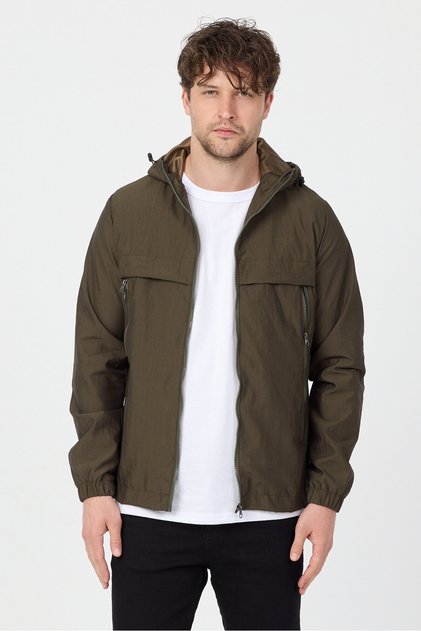 Men's Khaki Hooded Thin Seasonal Lined Windbreaker Zippered Casual Sports Jacket