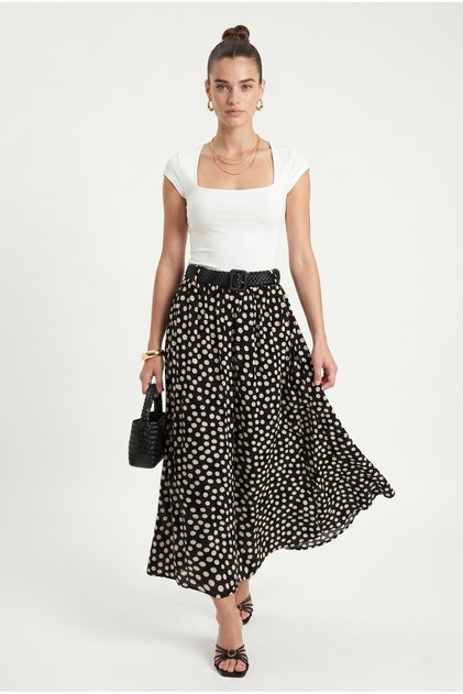 Women's Event Belted Waist Elastic Pocketed Viscose Black Long Polka Dot Woven Skirt