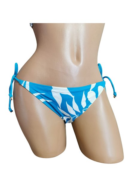 Slip de Baie Flower Tanga Alb / Turcoaz – Bikini Bottom Damă, Croială Tanga, Material Elastic