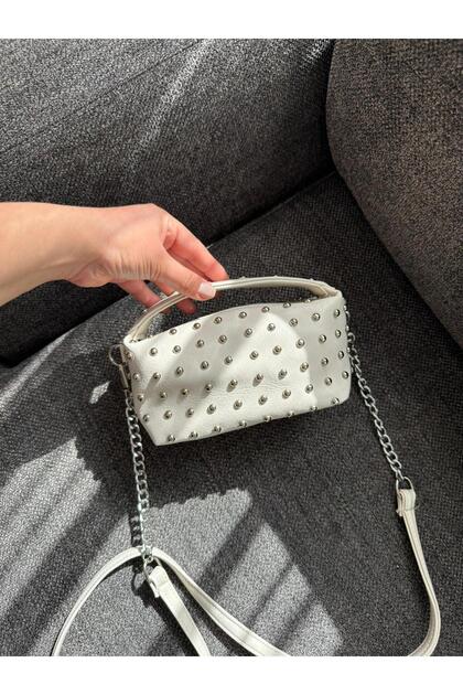 Cream Chain Strap Women's Bag Staple Detailed Mini Shoulder Bag Stylish Small Size Daily Bag Black White Gold Denim