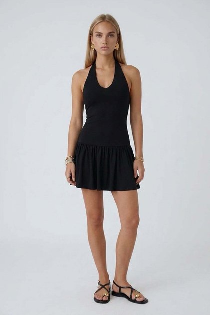Black Polka Dot Drape Detailed 2-Piece Mini Sandy Dress with Shorts Alc-X15490
