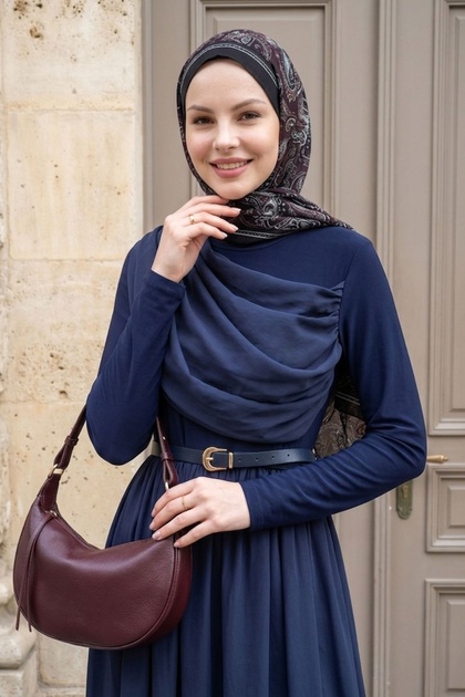 InStyle Shoulder Shawl Detailed Belted Navy Blue Dress- Trendyol