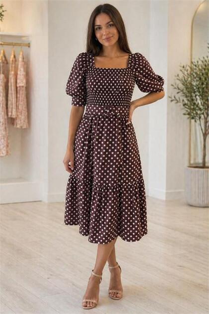 Women's Brown Polka Dot Pattern Square Neck Balloon Sleeve Midi Dress ---Nbk083