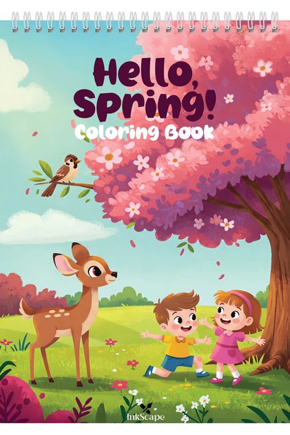 Carte de colorat si desenat pentru copii cu animale, plante, insecte si activitati de primavara, 40 pagini, Format A5 cu spirala, Hello, Spring! by InkScape, Editia 2025