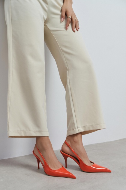 Mehru Orange Patent Leather Belt Detail Pointed Toe Women's Heeled Shoes