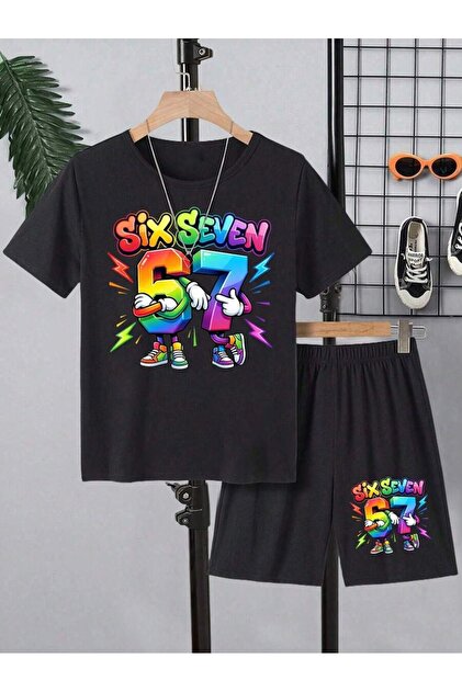 Six Seven 67 Printed Children's T-Shirt Shorts Top-Down Set