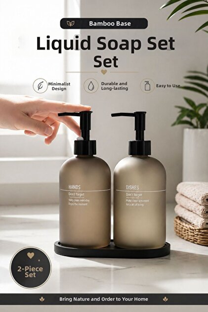 Liquid Soap Dispenser Set with Bamboo Base, 2-Piece Kitchen and Bathroom Stylish Organizer with Pump