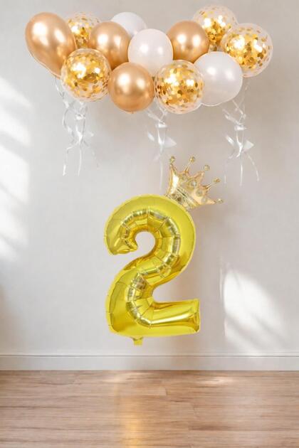 2 Number Gold Foil Balloon, King's Crown and Gold Balloon with Confetti