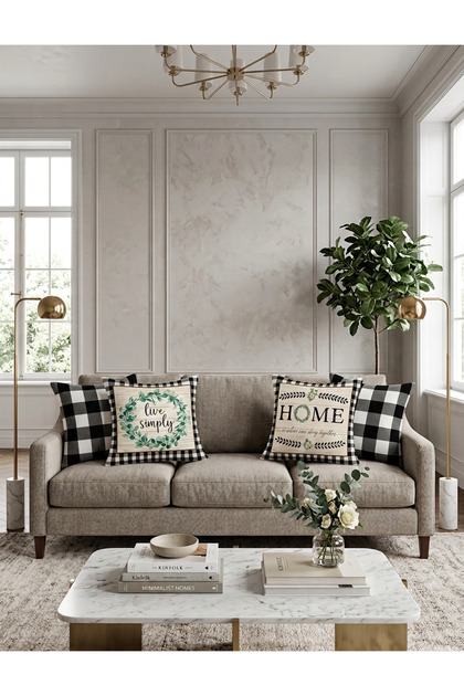 Set of 4 Plaid Floor Cushion Covers with Lemon Wreaths and Home Sweet Home Written on Them