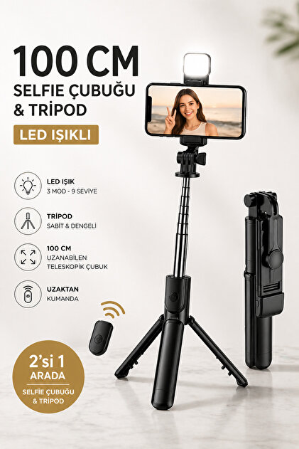 Bluetooth Kumandalı Işıklı Kablosuz Selfie Çubuğu Yeni Model Youtuber
