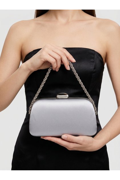 Special Design Silver Gray Color Satin Chain Handle Crystal Stone Handle Women's Evening Dress Bag