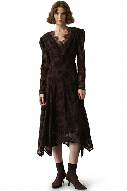MYA Women's Brown Collared Asymmetrical Dress with Lace Detail- Trendyol MYA Women's Brown Collared Asymmetrical Dress with Lace Detail- Trendyol