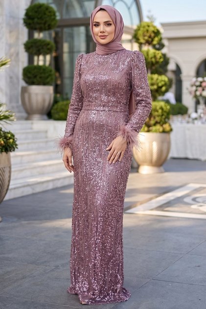 Beaded Dark Lilac Hijab Evening Dress 45451Klila