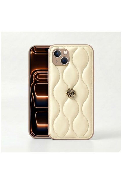 Apple iPhone 15 Compatible Case Floral Wavy Leather Case Beige