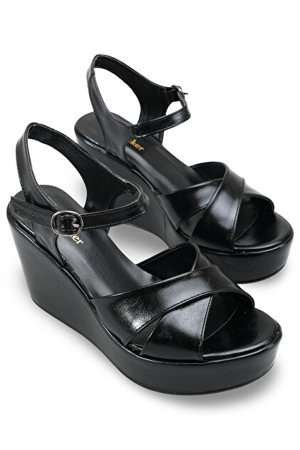 Black Wedge Heel Crossed Sandals Value