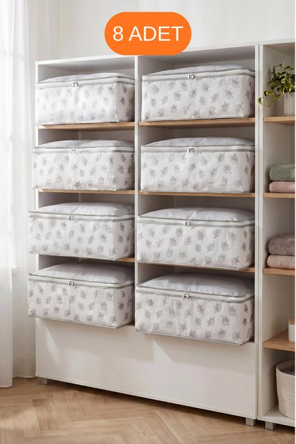 8’li Çiçek Desenli Çizgili Beyaz Baza Altı Çekyat Hurç Organizer 60×40×22 cm