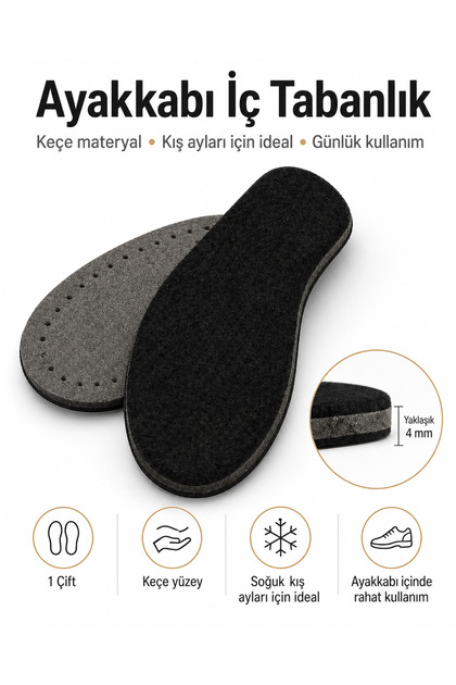 Keçe Ayakkabı İç Tabanlık Kışlık Sıcak Tutucu ( 1 Çift )