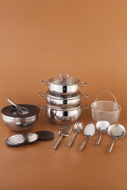 Mix, Bake, Store 18-Piece Steel Cookware Set with Mixing Bowls and Serving Utensils