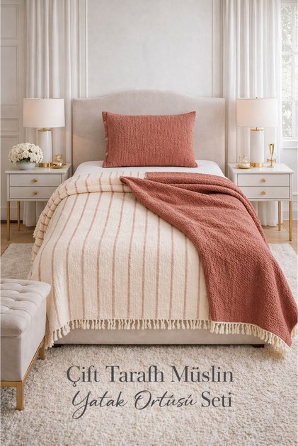 8 Layer Single Muslin Reversible Bedspread + Pillowcase Set 170X230