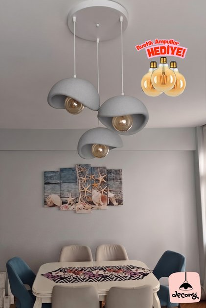 Beton Görünümlü 3'lü Sarkıt Avize, İskandinav Tarzı Bohem Sarkıt Avize (Bioplastik) E27
