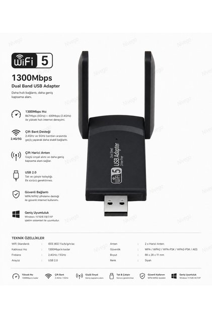 1300 Mbps Dual Band Usb 3.0 Adaptör Kablosuz Wifi Alıcı 2.4ghz 5ghz New Free Windows 7/8/10/11