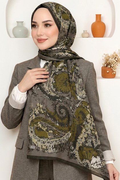 Women's Khaki Gray Abstract Patterned Organic Cotton Soft Shawl