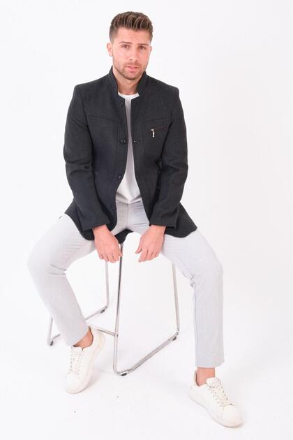 Ezel Stand Collar Pocket Buttoned Slim Fit Men's Cashmere Coat 36-28
