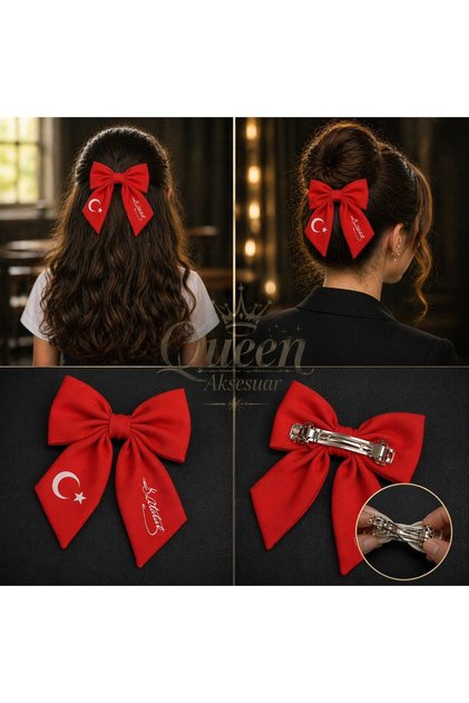 Kemal Atatürk Signature Crescent Star Flag Patterned Bow Pendant Tail Buckle School Festival Red
