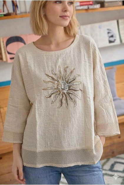 Women's Beige Sun Sequin Embroidered Hem/Arms with Mesh Detail Oversize Loose 100% Cotton Linen Blouse