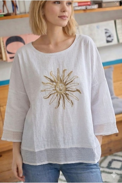 Women's White Sun Sequin Embroidered Hem/Arms with Mesh Detail Oversize Loose 100% Cotton Linen Blouse