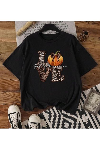 Love Balkabak Printed Leopard Patterned Short Sleeve Women's Plain Black Tshirt