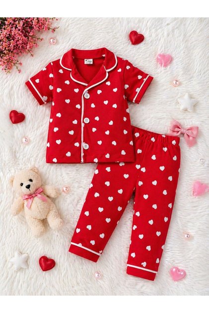 100% Cotton Short Sleeve Buttoned Summer Sweet Heart Patterned Baby Girl Children's Pajama Set