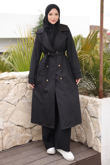 Black Double Breasted Collar Buttoned Trench Coat