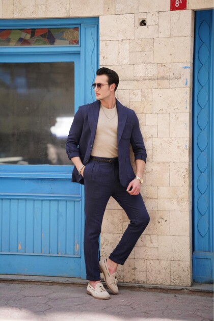 100% Cotton Linen Modern Fit Knitted Belt Detailed Linen Suit