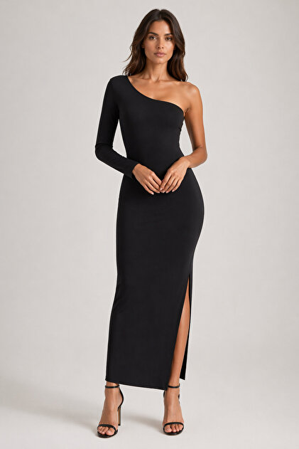 IMBUE Asymmetrical One-Sleeve Deep Slit Black Maxi Dress- Trendyol IMBUE Asymmetrical One-Sleeve Deep Slit Black Maxi Dress- Trendyol