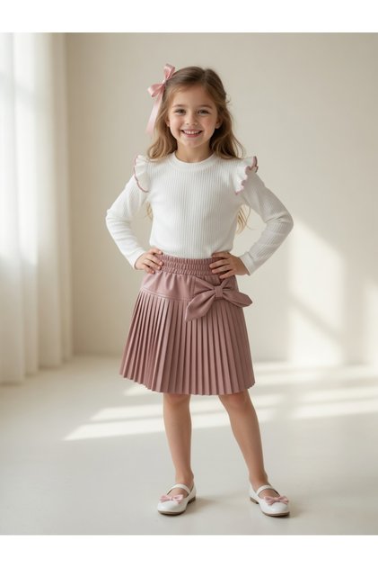 Girl's Pleated Leather Skirt Blouse Set