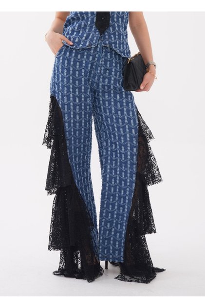 Couture Style Lace Embroidered High Waist Jean Pants