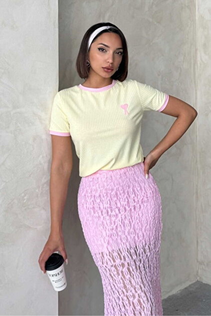 Embroidered T-Shirt - Yellow Pink | Vmd2674 - Yellow Pink